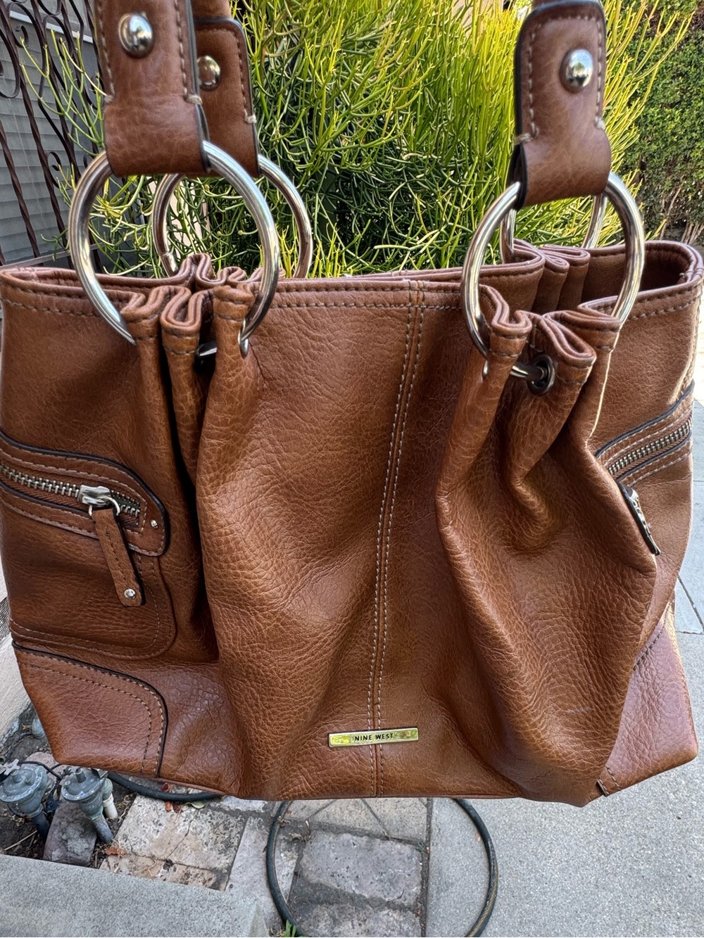 Brown Leather Tote Bag with Ring Handles